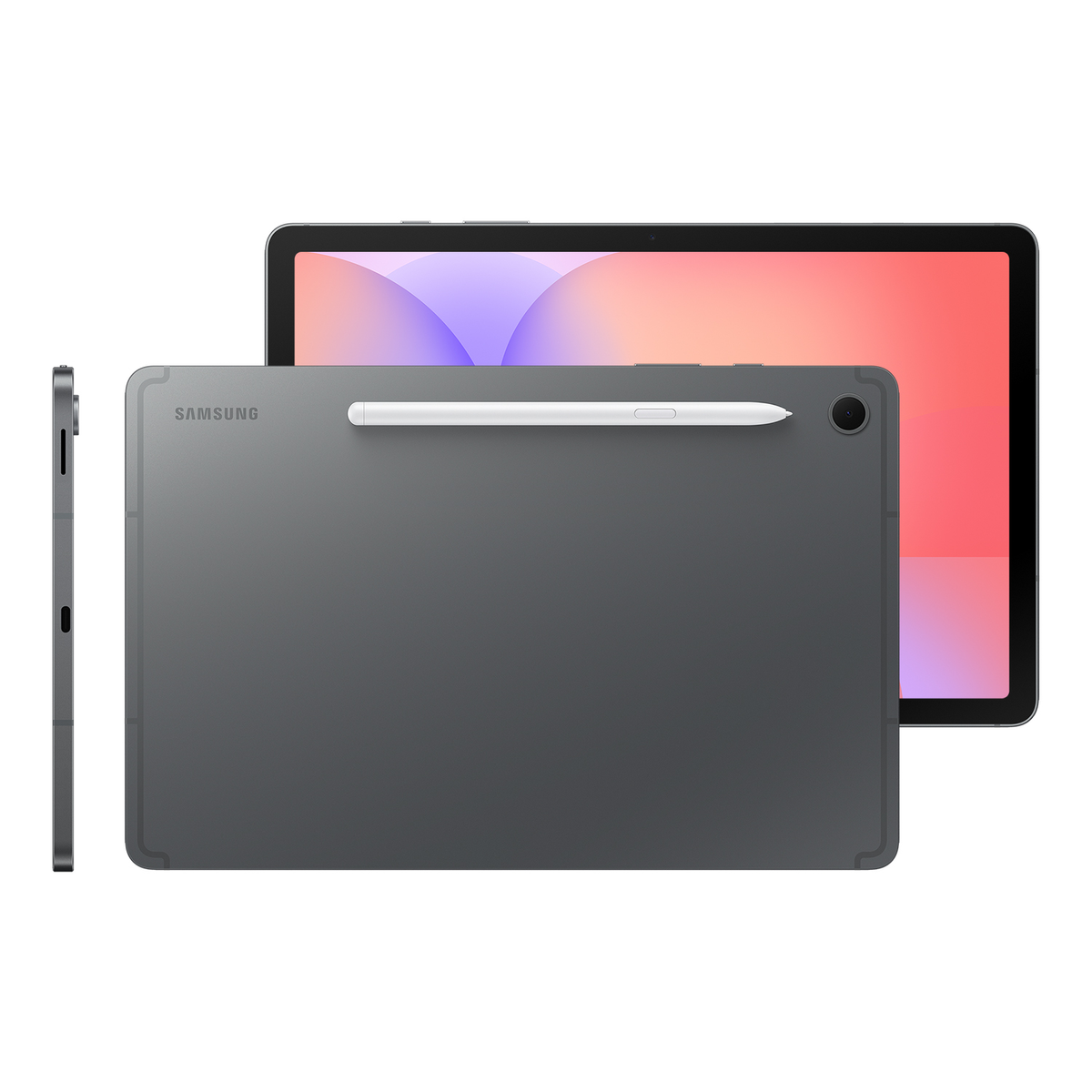 Un tablet Samsung grigio con stilo. Lo schermo mostra colori. Il profilo laterale del tablet è visibile a sinistra.