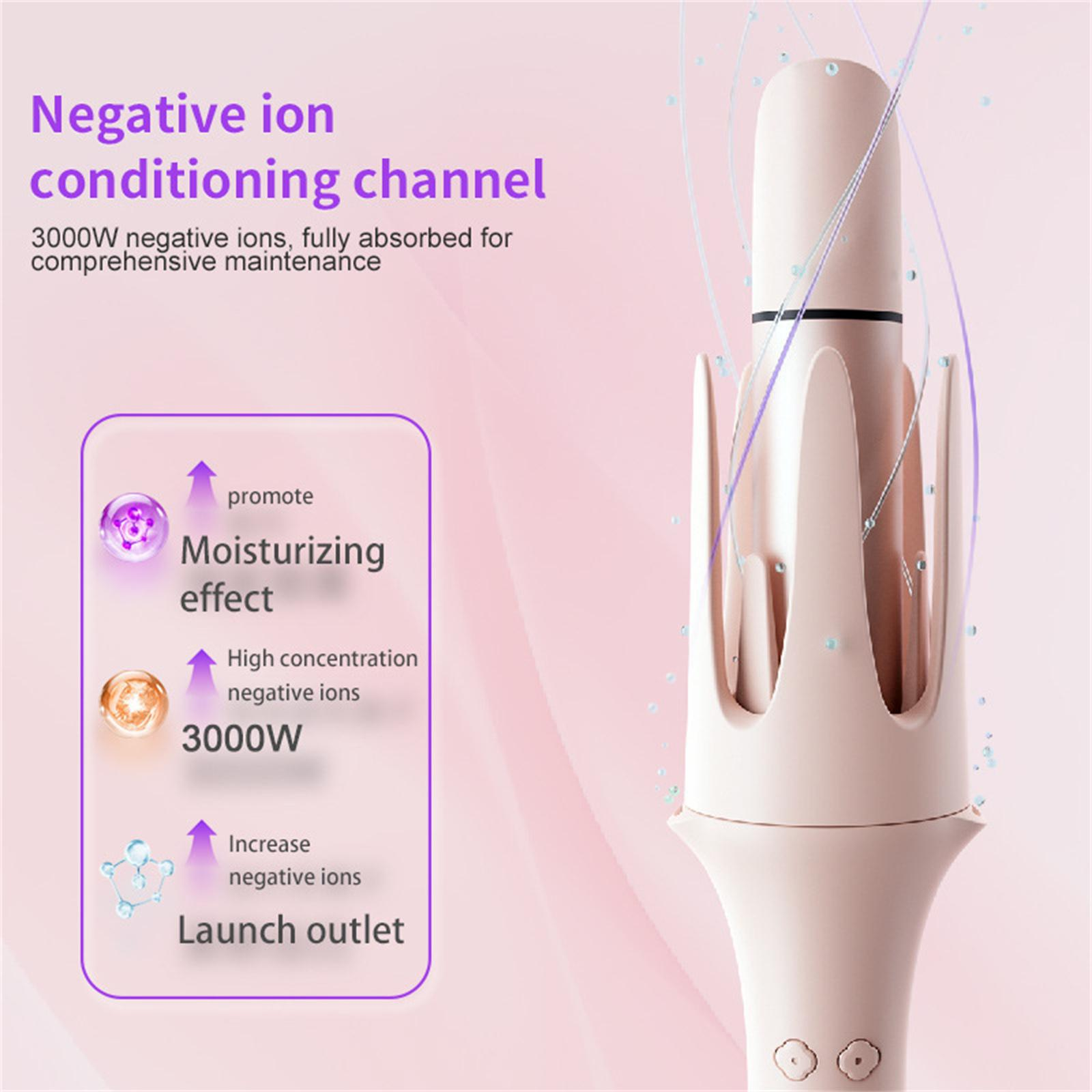 Ein rosa Gerät mit einem Startauslass. Ein Diagramm zeigt feuchtigkeitsspendende Wirkung, hohe Konzentration negativer Ionen und 3000W.