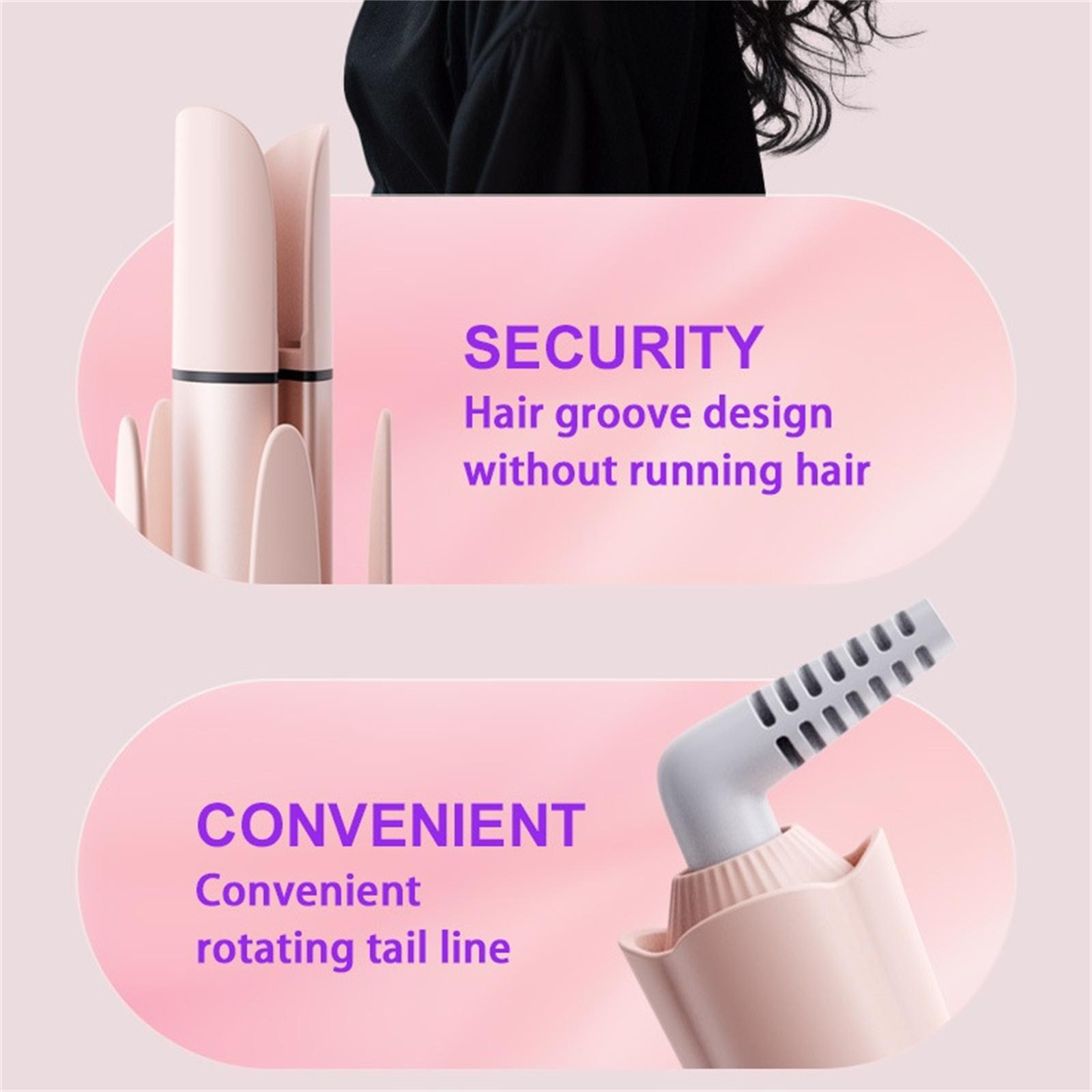 Rosa Lockenstab mit weißen Elementen. Text: Sicherheit, Haar-Nut-Design. Praktisch, drehende Schwanzlinie.