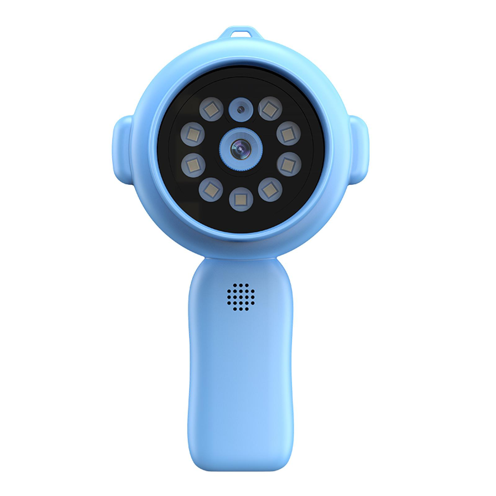Ein blauer Babyphone mit rundem Kopf mit Kamera und Lichtern sowie einem Griff. Es ist auf weißem Hintergrund.