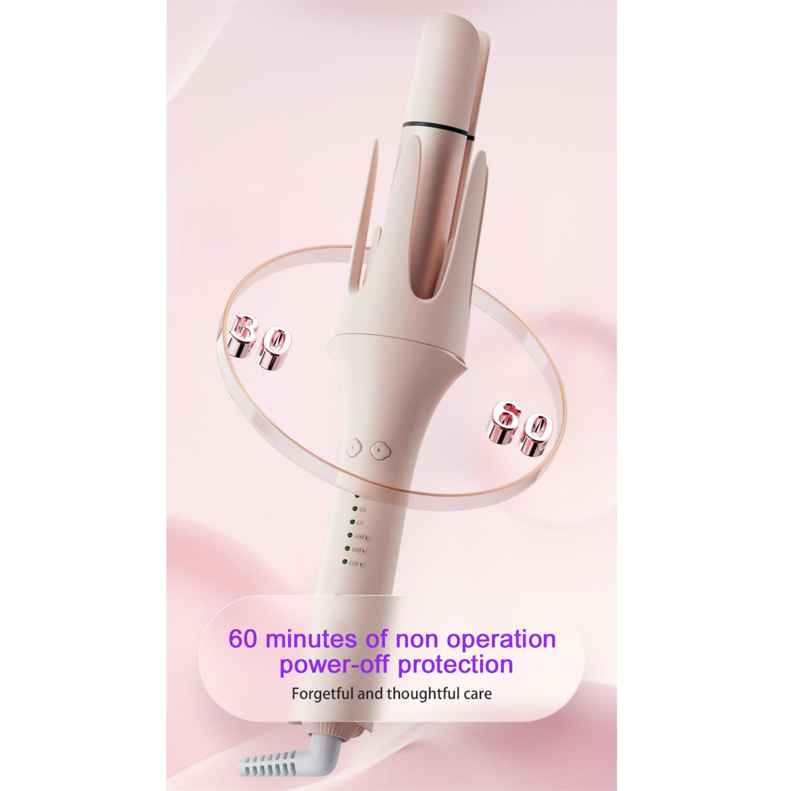 Ein beigefarbener Lockenstab. Er hat einen rosa Hintergrund mit goldenen Akzenten. Der Text lautet: power-off protection.