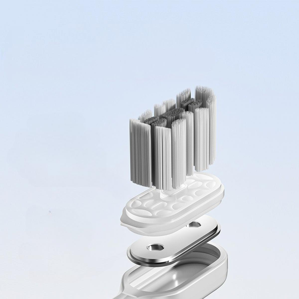 Nahaufnahme eines zerlegten elektrischen Zahnbürstenkopfes, die Bürstenkopf, Basis und Metallkomponente vor blauem Hintergrund zeigt.