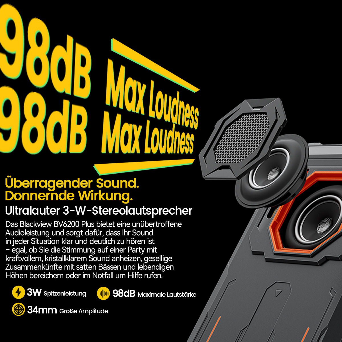 Ein Lautsprecher mit schwarz-orangefarbenem Design. Text enthält '98dB Max Loudness' und Produktdetails wie '3W' und '34mm'.