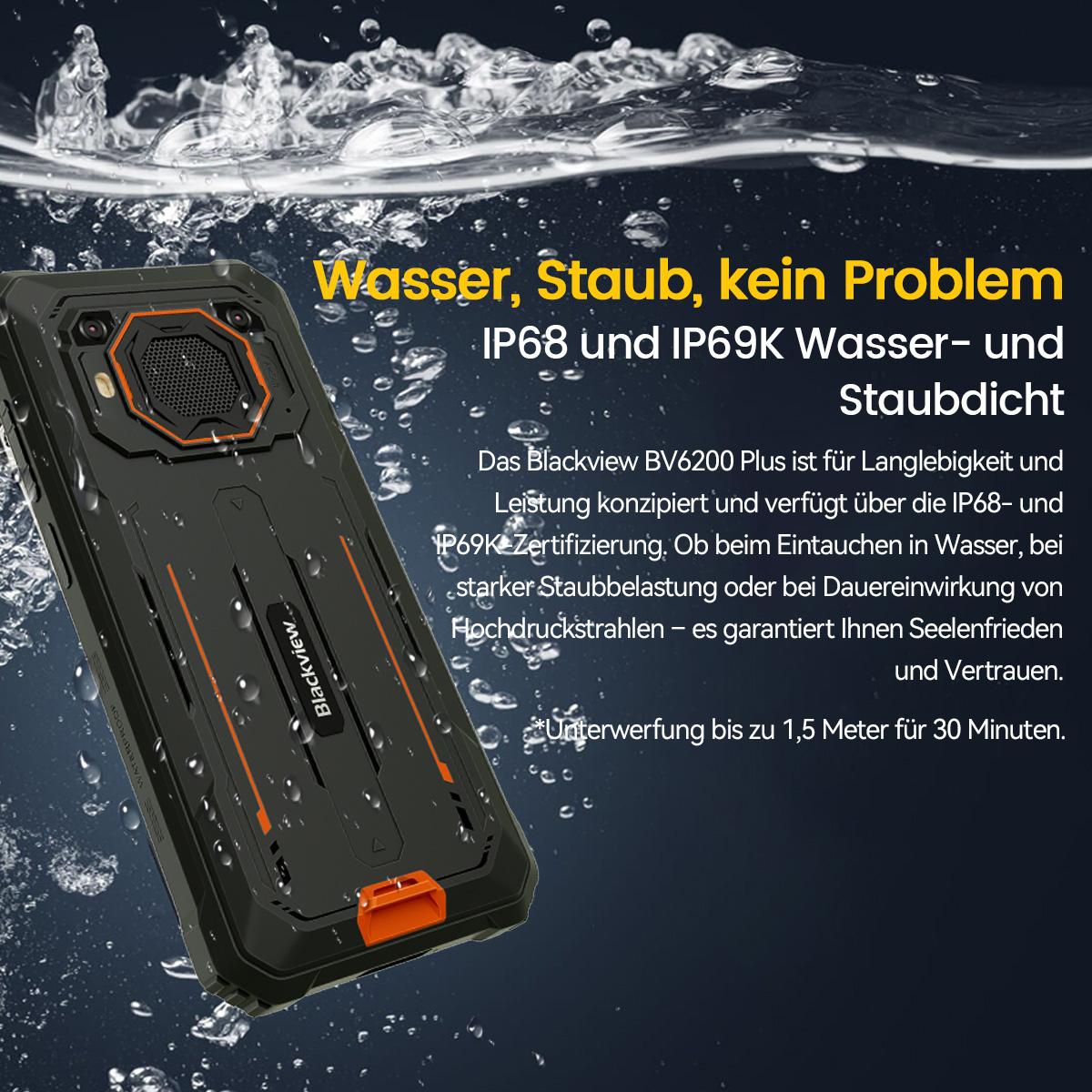 Schwarzes Blackview-Handy im Wasser. Orangefarbene Akzente. Text: IP68 und IP69K wasserdicht und staubdicht.