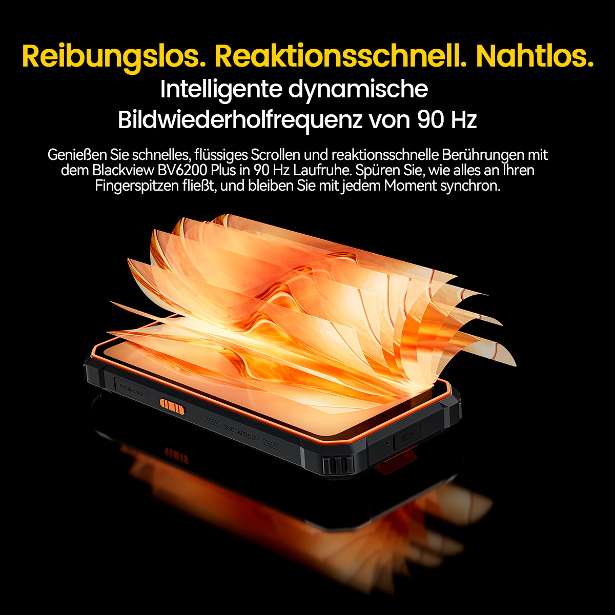 Ein schwarzes Smartphone mit orangefarbenen Akzenten hat ein Display, das in eine orangefarbene, stilisierte Welle übergeht. Text oben in Gelb.