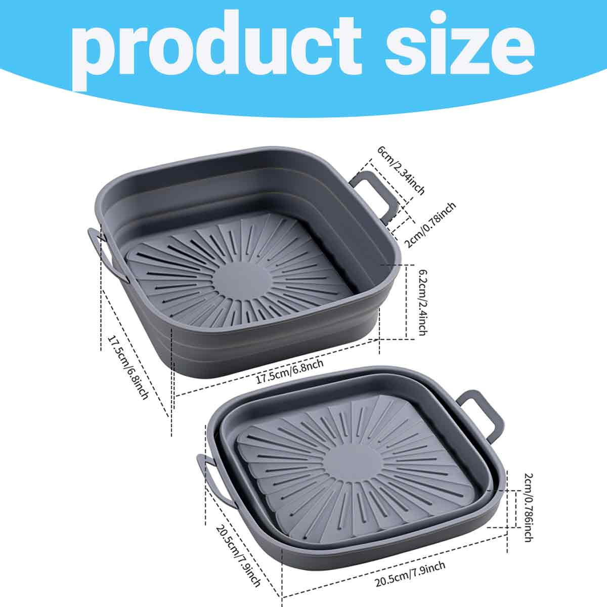 Zwei graue Silikon-Heißluftfritteusen-Körbe mit Größenangaben auf weißem Hintergrund. Oben steht 'Produktgröße'.