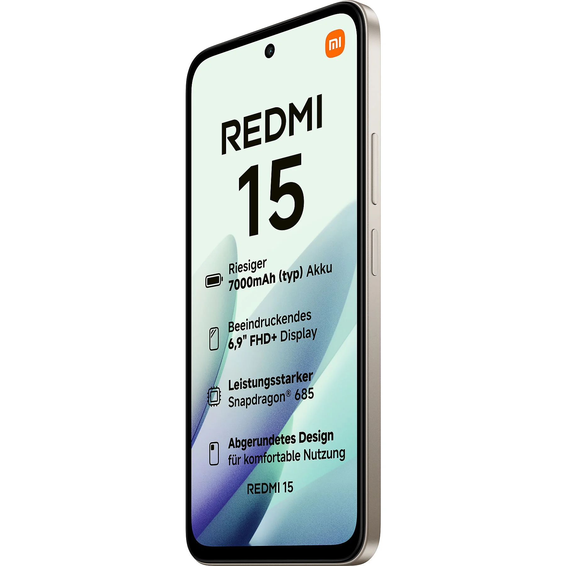 Ein Smartphone mit Bildschirm zeigt 'REDMI 15'. Zu den Funktionen gehören ein großer Akku und ein Snapdragon 685 Prozessor.