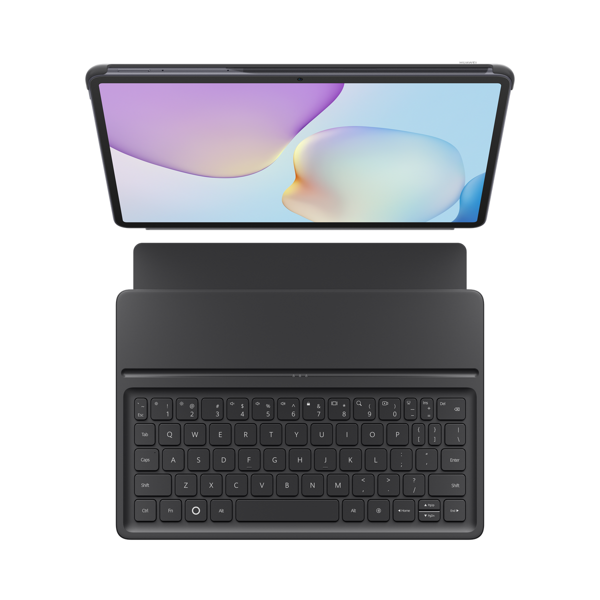Un tablet con tastiera staccabile, con schermo dal design astratto colorato, su sfondo nero.