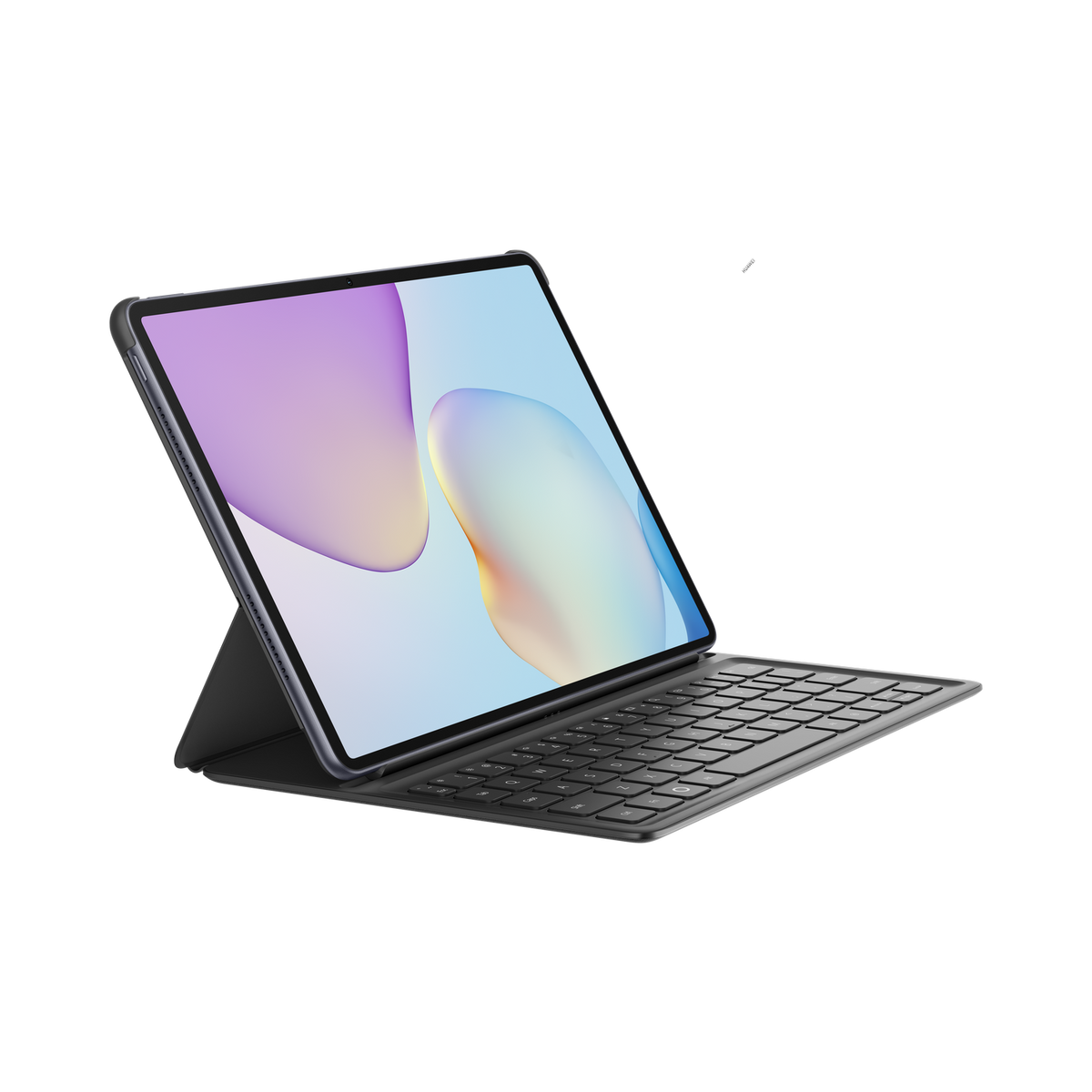 Tablet con tastiera. Il tablet ha un display colorato. Tastiera nera. Sfondo nero.