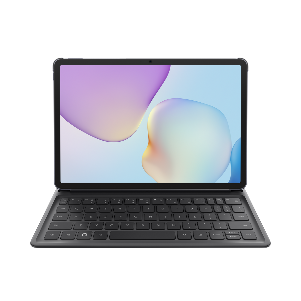 Un tablet con tastiera collegata, aperto e pronto. Lo schermo mostra un design astratto colorato. La tastiera è grigio scuro.