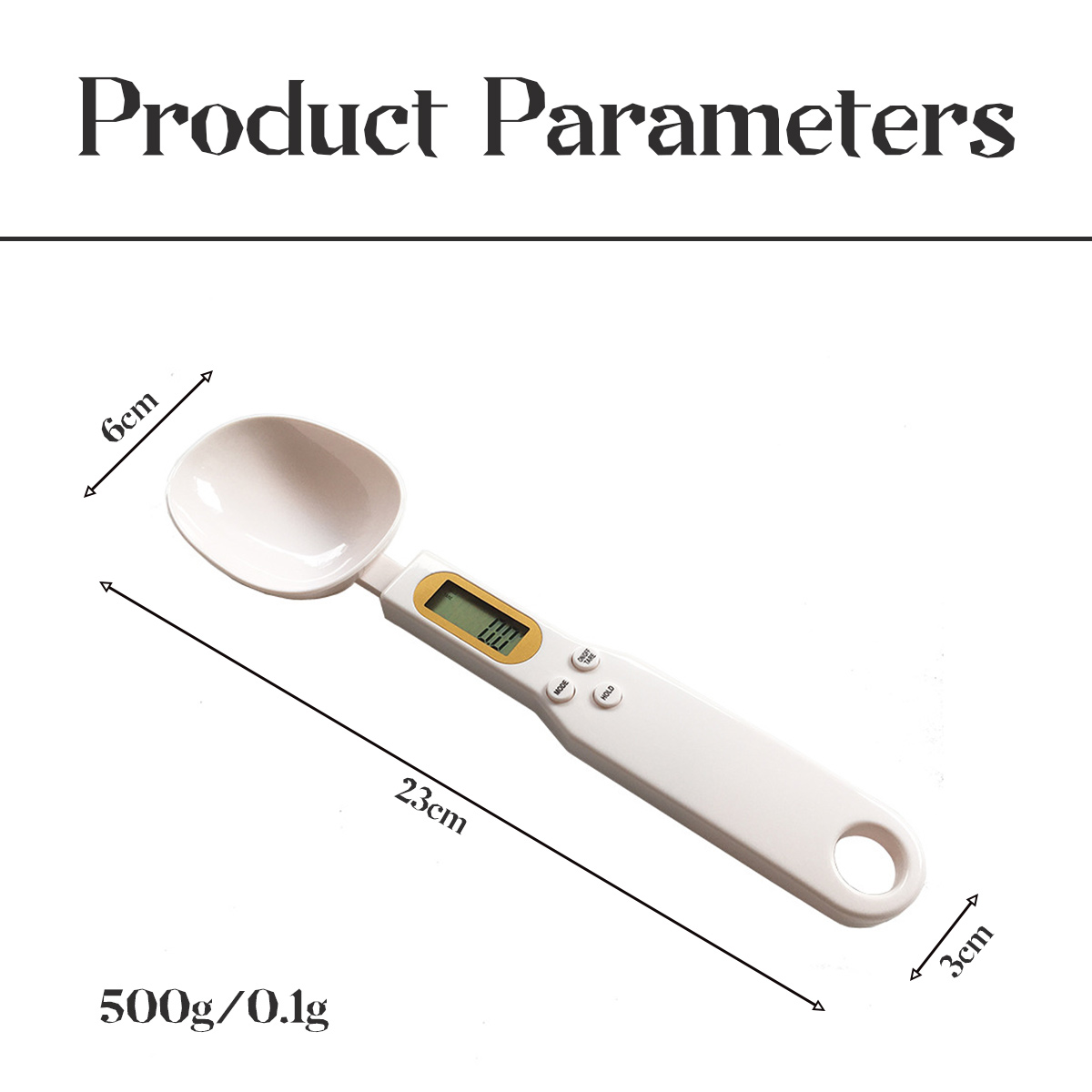 Ein weißer digitaler Messlöffel. Abmessungen werden angezeigt: 6 cm, 23 cm und 3 cm. Der Löffel misst bis zu 500 g/0,1 g.