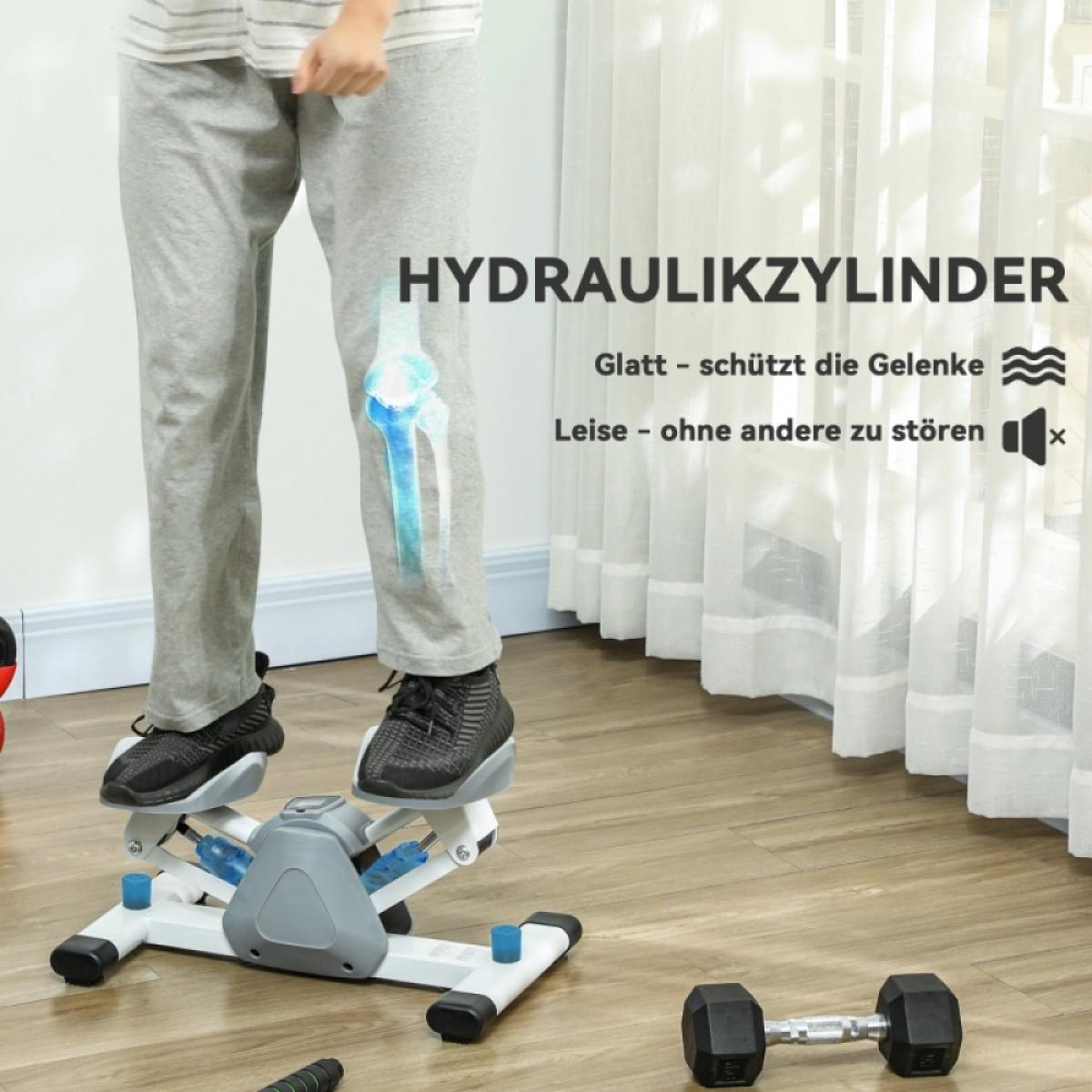 Person benutzt Stepper. Graue Hose und schwarze Schuhe. Text auf Deutsch lautet 'Hydraulikzylinder'. Eine Hantel ist in der Ecke.