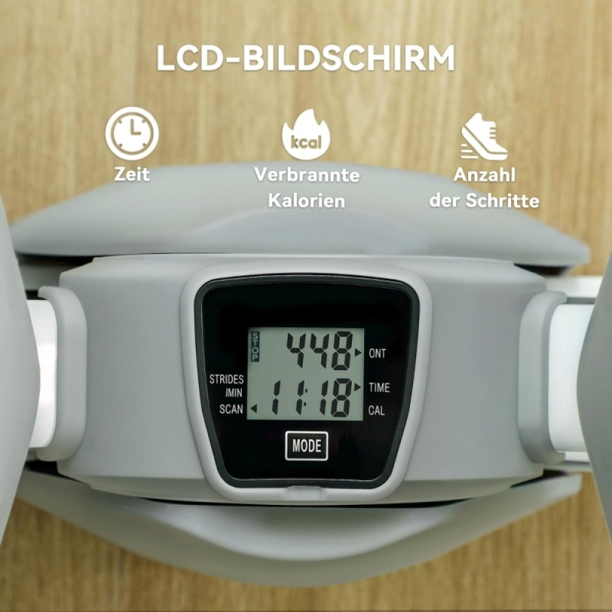 Anzeige von Fitnessgeräten. Zeigt Zeit, Kalorien und Schritte an. LCD-Bildschirm zeigt Daten an. Tasten und Symbole sind sichtbar.