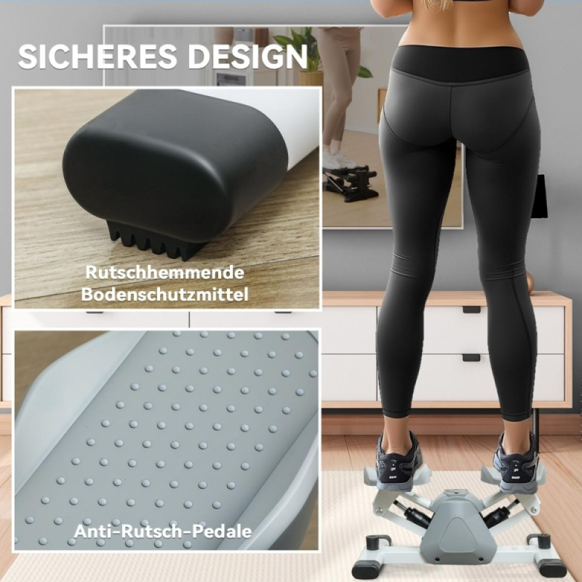 Eine Frau trainiert auf einem Stepper. Nahaufnahmen zeigen rutschfeste Pedale und die Basis. Der Hintergrund zeigt einen Fernseher und einen Schrank.