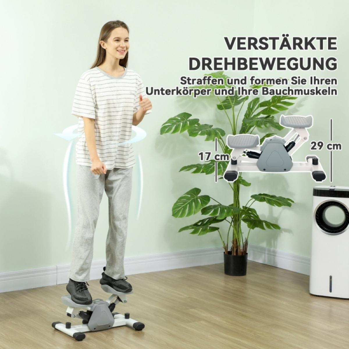 Frau, die einen Twist-Stepper benutzt. Text: Stärken und formen Sie Ihren Unterkörper und Bauchmuskeln. Pflanze, Maschine und eine weiße Maschine rechts.