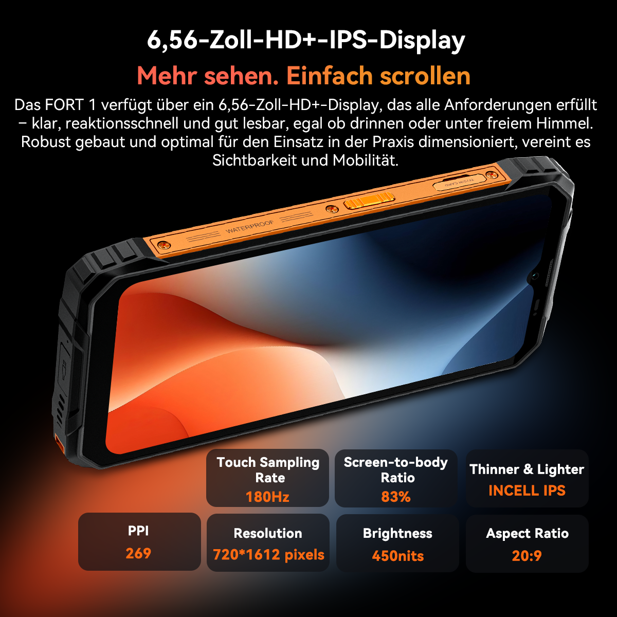 Ein robustes Smartphone mit orangefarbener Oberseite. Text hebt Bildschirmangaben wie Auflösung und Helligkeit hervor.