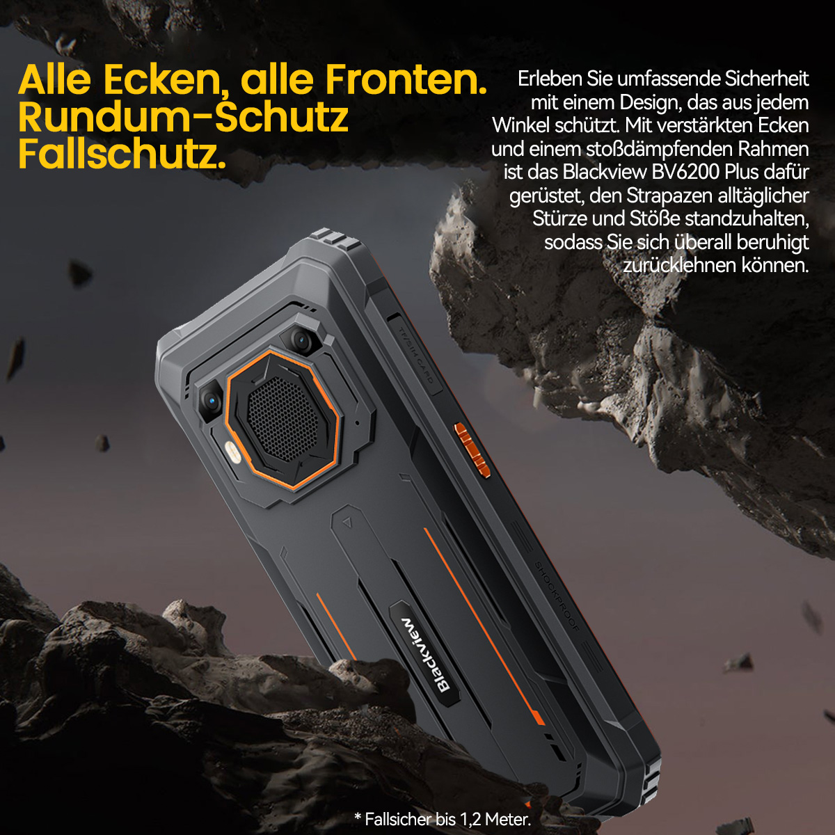 Ein schwarz-oranges Blackview-Telefon wird in einem Winkel gezeigt, scheinbar fallend. Der Hintergrund zeigt Felsen und Text, der seine Haltbarkeit bewirbt.
