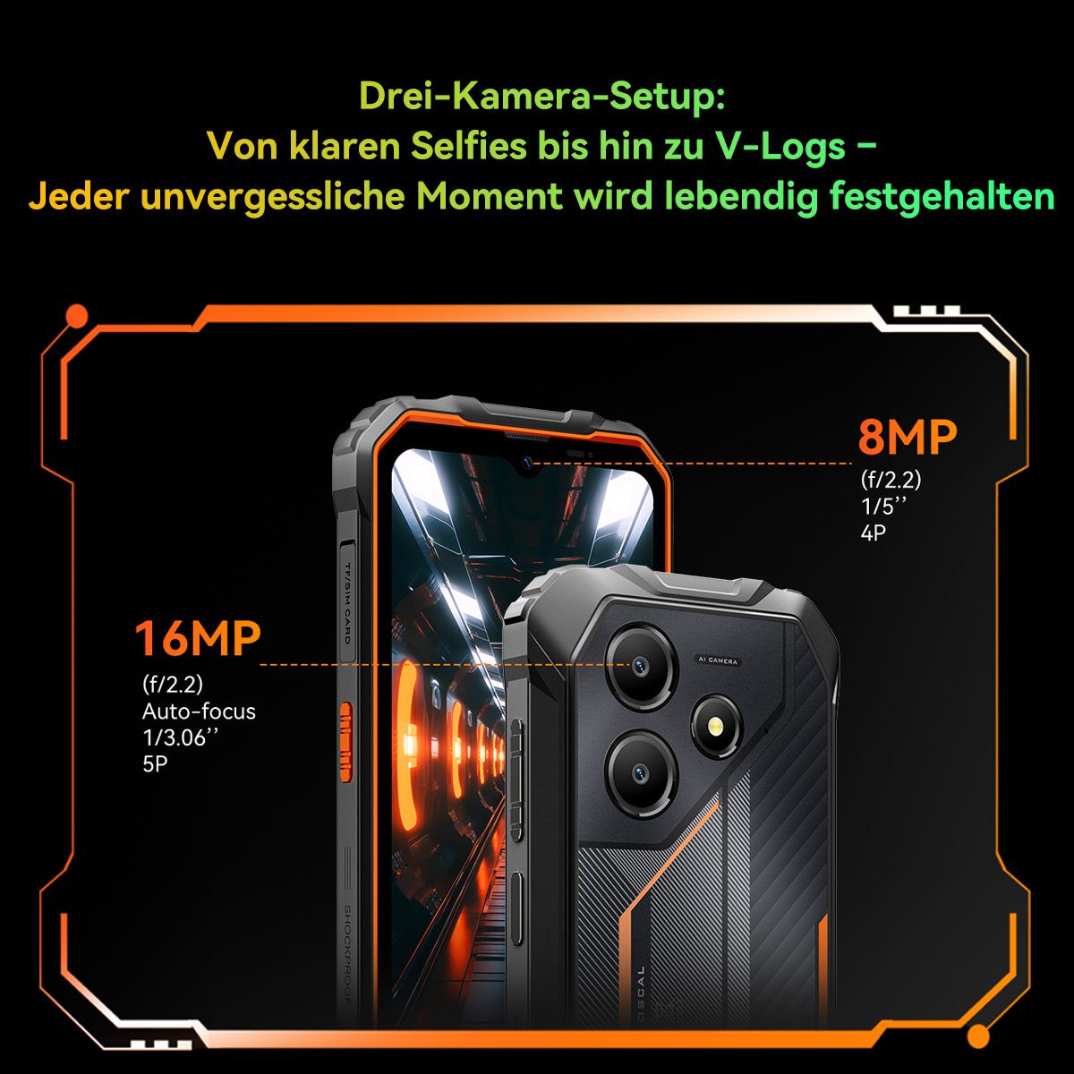 Das Bild zeigt ein Smartphone mit drei Kameras. Spezifikationen für die Kameras werden angezeigt, mit Text auf Deutsch oben.