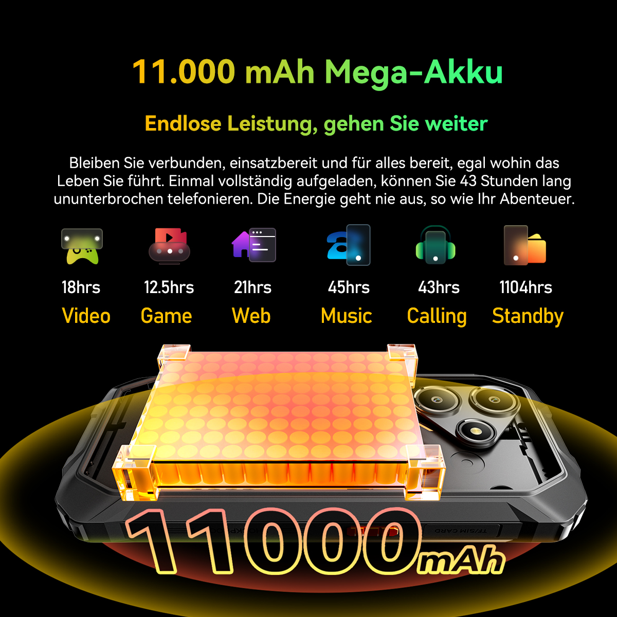 Das Bild zeigt ein Telefon mit einer Batterie Grafik. Text: 11.000 mAh. Symbole zeigen Akkulaufzeit für Video, Spiel, Web, Musik, Anruf und Standby.