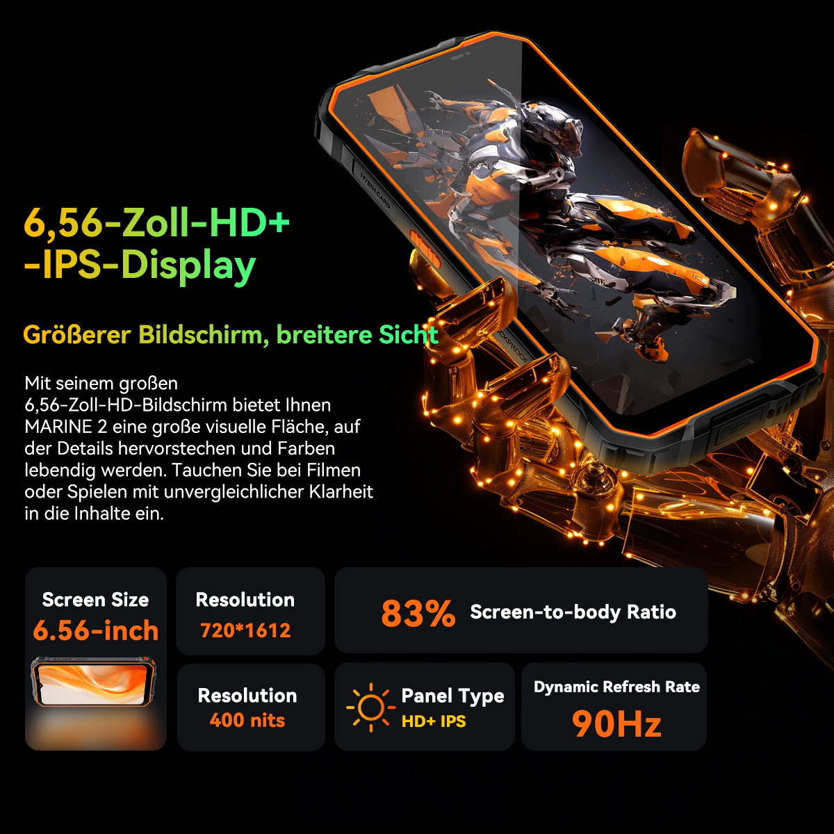 Ein Smartphone mit großem Bildschirm zeigt ein futuristisches Design. Zu den Spezifikationen gehören Bildschirmgröße, Auflösung, Bildschirm-zu-Körper-Verhältnis und Bildwiederholfrequenz.