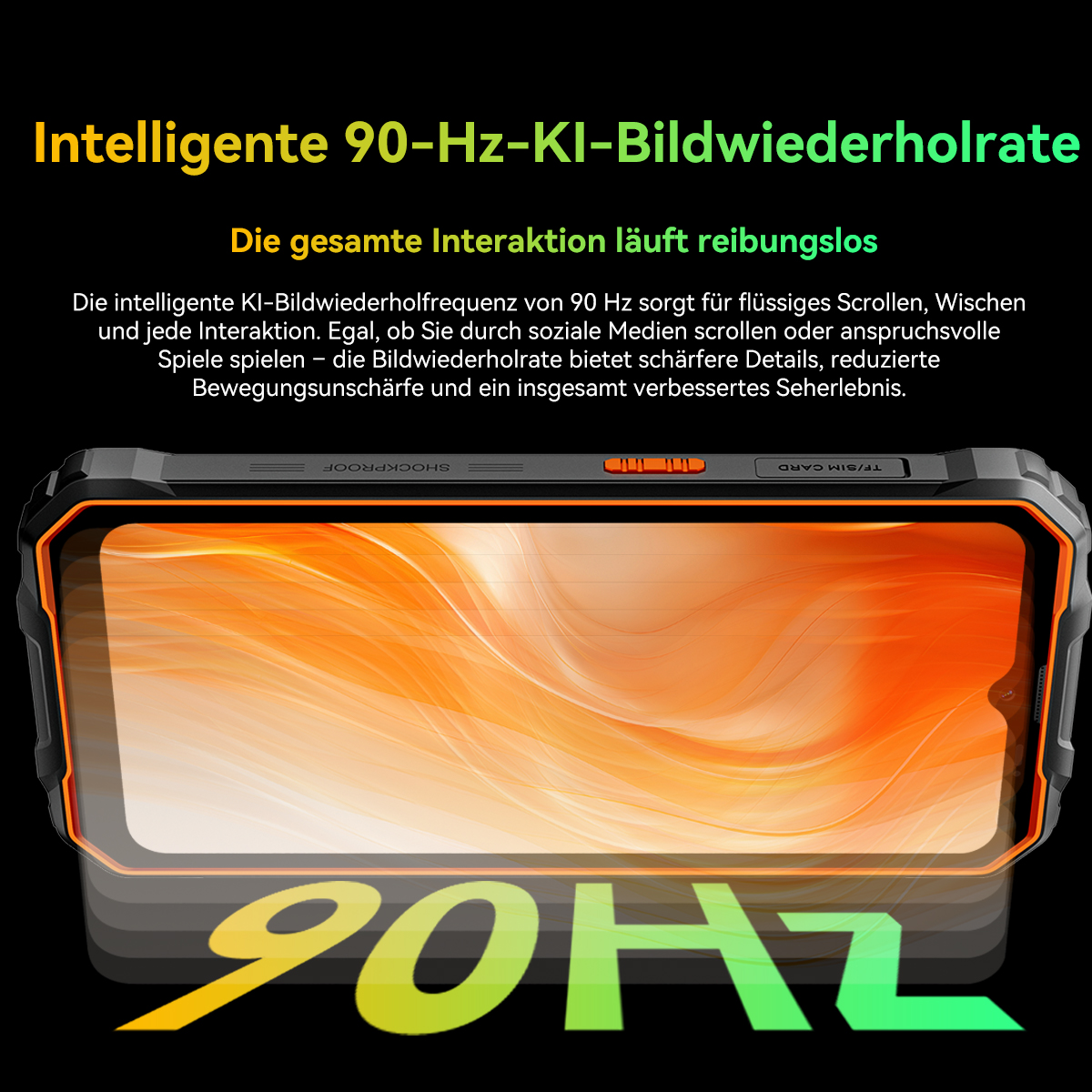 Ein Handy-Bildschirm zeigt orangefarbene Linien mit einem 90Hz-Logo unten, schwarzem Rahmen und Text zur Bildwiederholfrequenz.