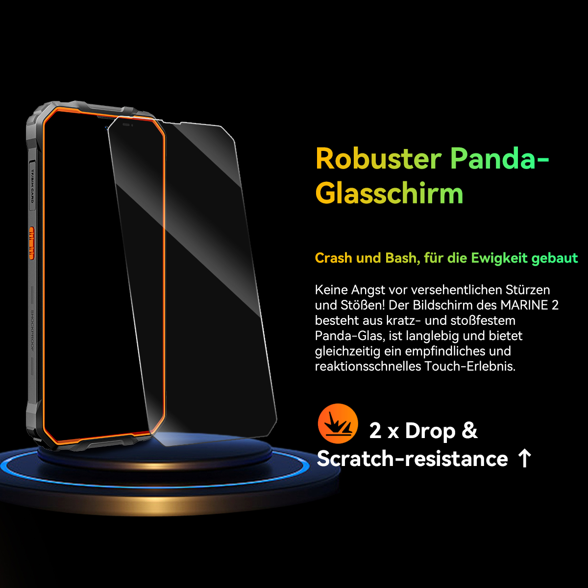 Ein Telefon und eine Displayschutzfolie werden angezeigt. Text hebt Sturz- und Kratzfestigkeit hervor.