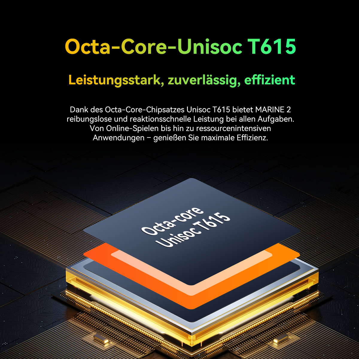 Das Bild zeigt einen Prozessor mit dem Text 'Octa-Core-Unisoc T615'. Es hebt Leistung und Effizienz hervor, mit Text auf Deutsch.