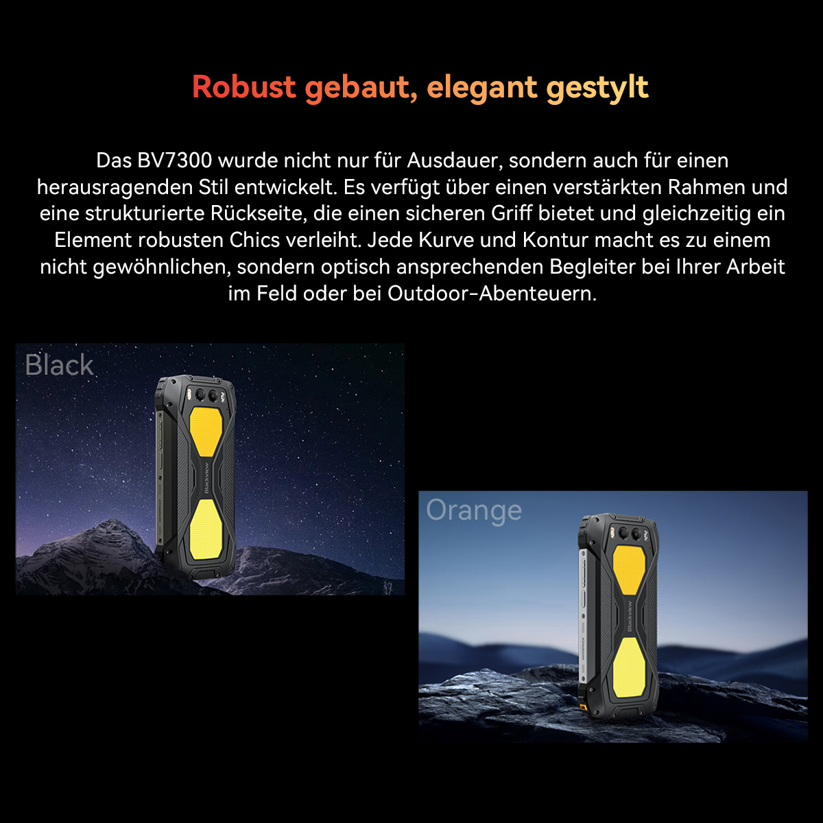 Zwei robuste Telefone, schwarz und orange, mit gelben Akzenten. Eines vor einer Sternennacht, das andere vor einer Bergkulisse.