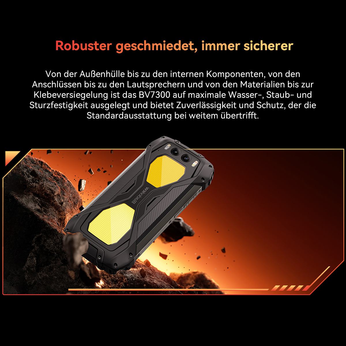 Ein robustes, schwarz-gelbes Smartphone auf feurigem Hintergrund, das Haltbarkeit und Schutz hervorhebt.