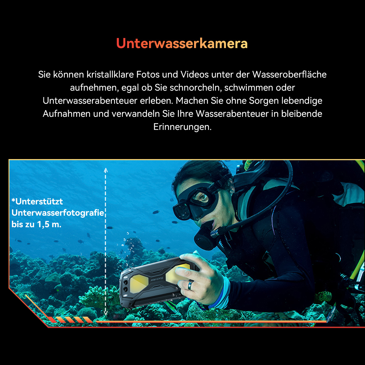 Eine Person taucht unter Wasser und hält ein schwarzes Telefon mit gelbem Licht. Korallen und Fische im Hintergrund.