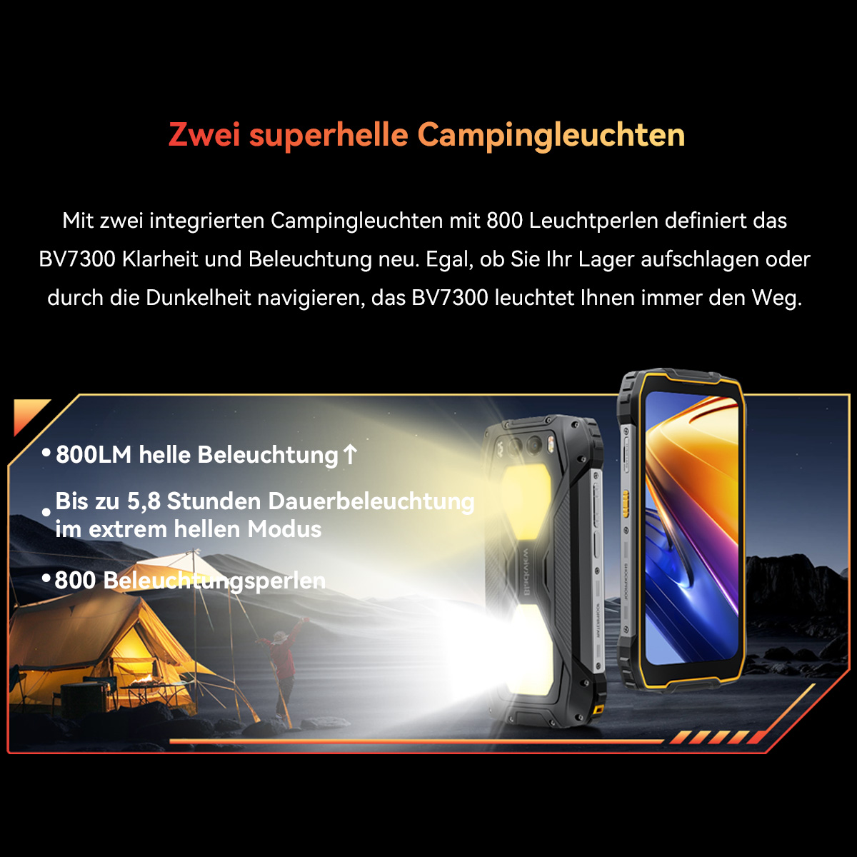 Ein Telefon mit hellen Lichtern auf der Rückseite. Ein Zelt und eine Person sind im Hintergrund. Text sagt 'superhelle Campinglichter'.