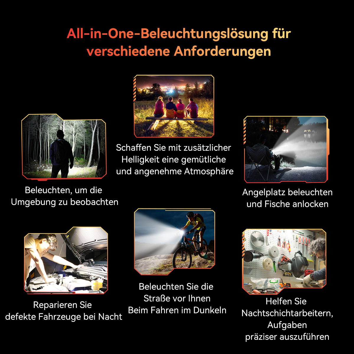 Das Bild zeigt verschiedene Verwendungen eines Lichts: im Wald, mit Freunden, beim Angeln, beim Autoreparieren, Radfahren und in einer Werkstatt.
