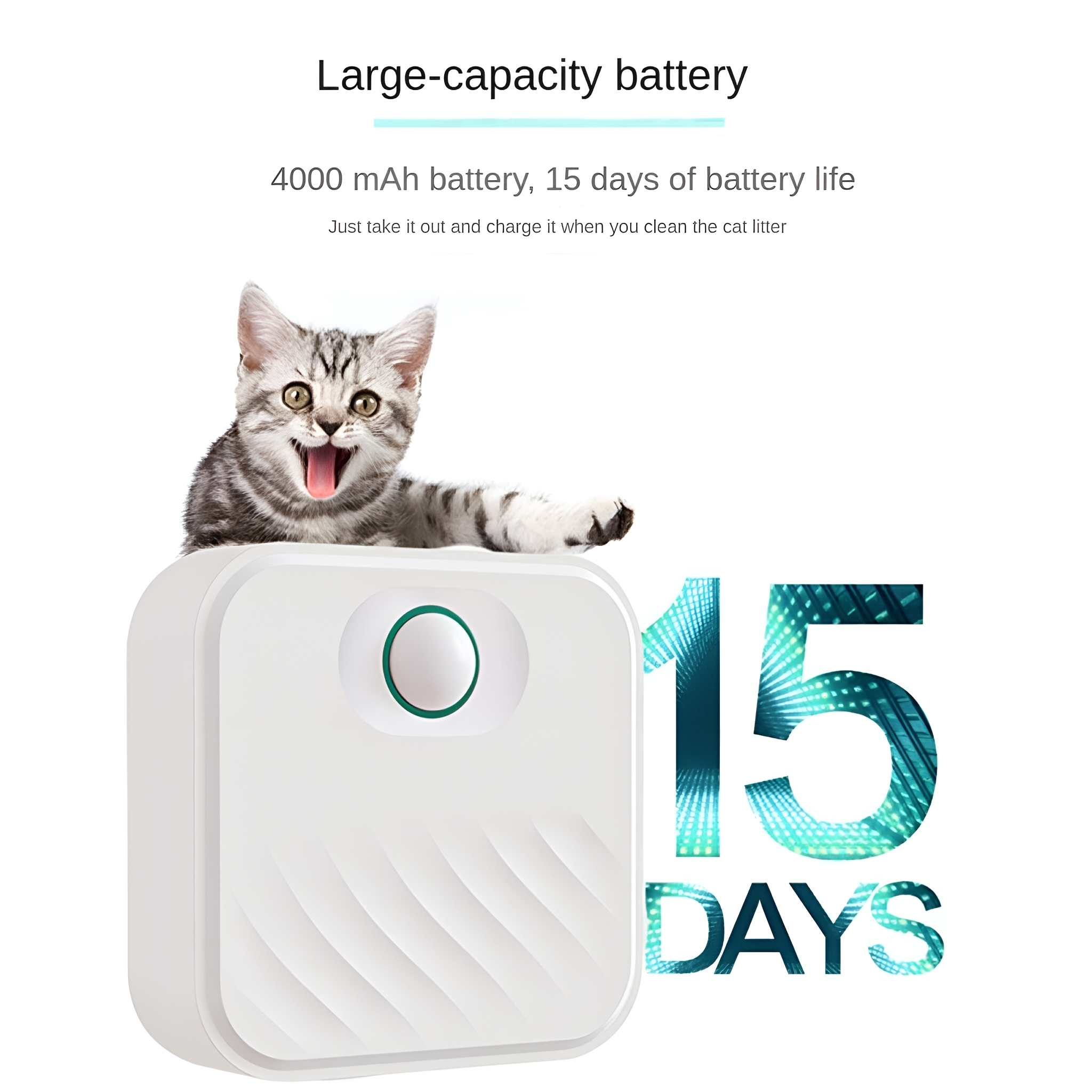 Eine Katze sitzt auf einem weißen Gerät. Text sagt: Batterie mit großer Kapazität, 15 Tage Akkulaufzeit.