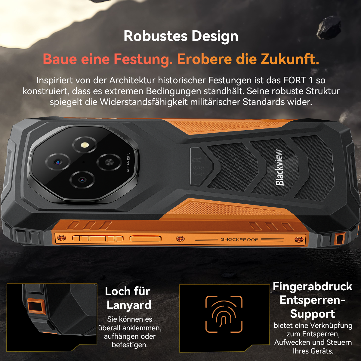 Blackview-Handy im robusten Design. Schwarz, Orange und Grau. Mit Kamera, Lanyard-Loch und Fingerabdruck-Entsperrung.