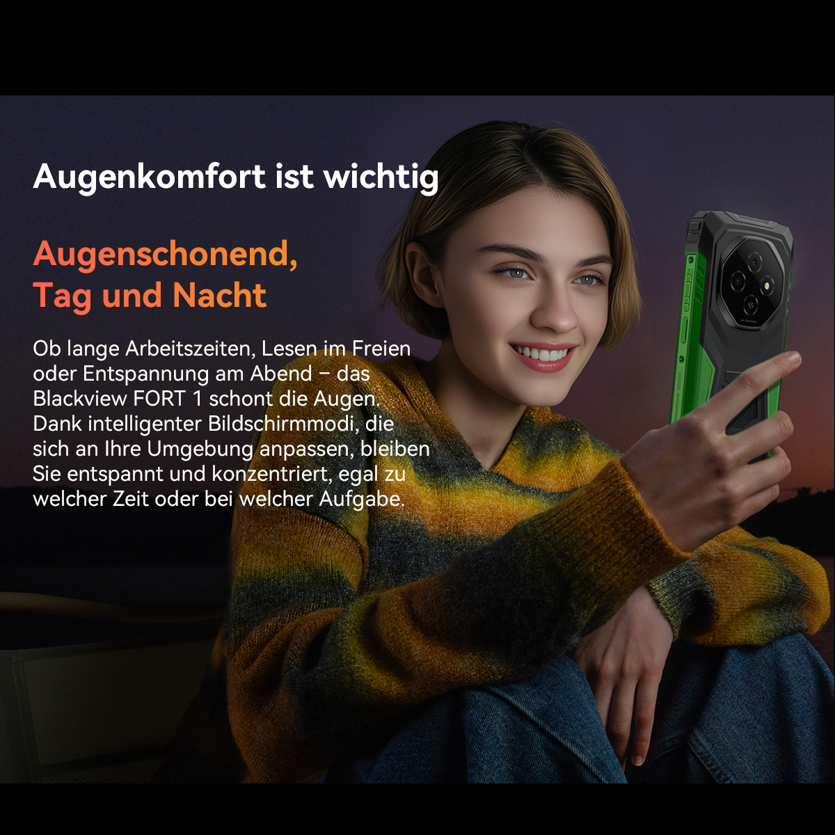 Eine Frau lächelt, während sie ein grünes Telefon hält. Text auf Deutsch beschreibt Augenkomfort. Die Telefonhülle ist grün und schwarz. Der Hintergrund ist unscharf.