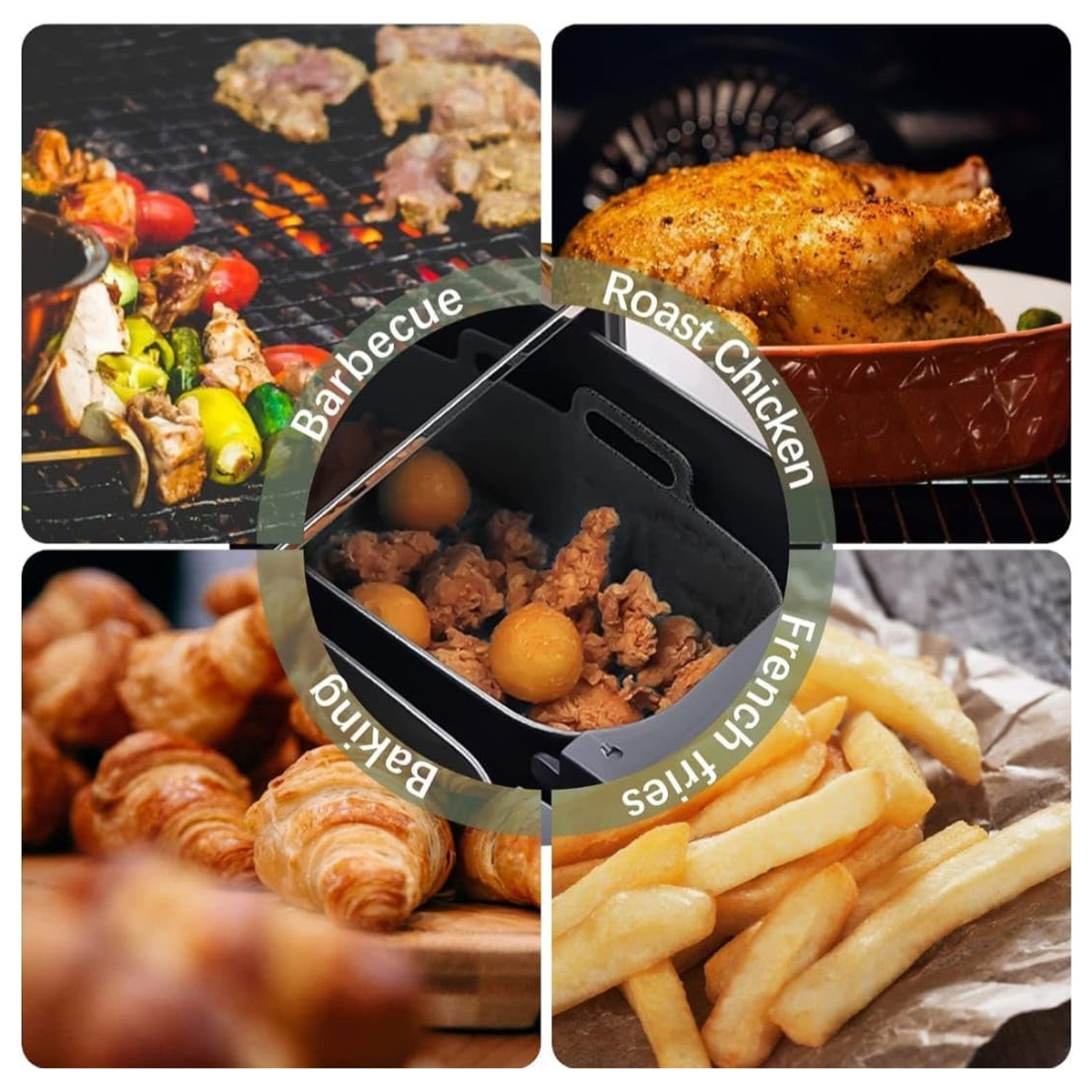 Eine Collage von Speisen: Barbecue mit Spießen, Brathähnchen, Backwaren und Pommes Frites, die verschiedene Kochmethoden zeigen.