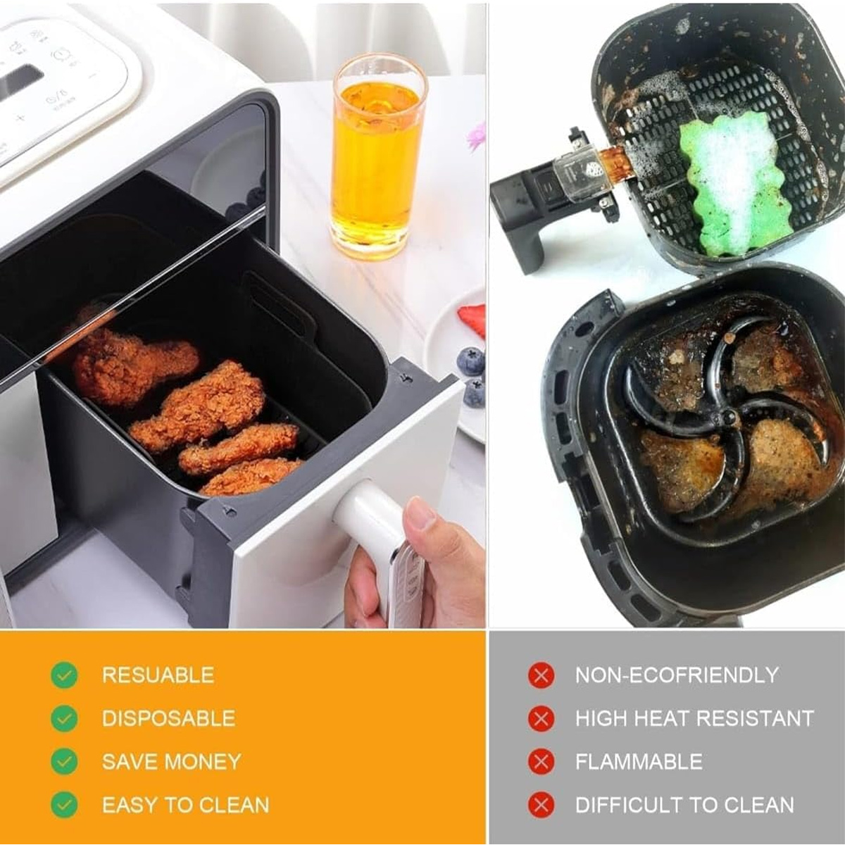 Ein Airfryer mit gebratenem Huhn, einem Getränk und einem Reinigungsvergleich. Der Fryer wird sauber und schmutzig mit Vor- und Nachteilen gezeigt.
