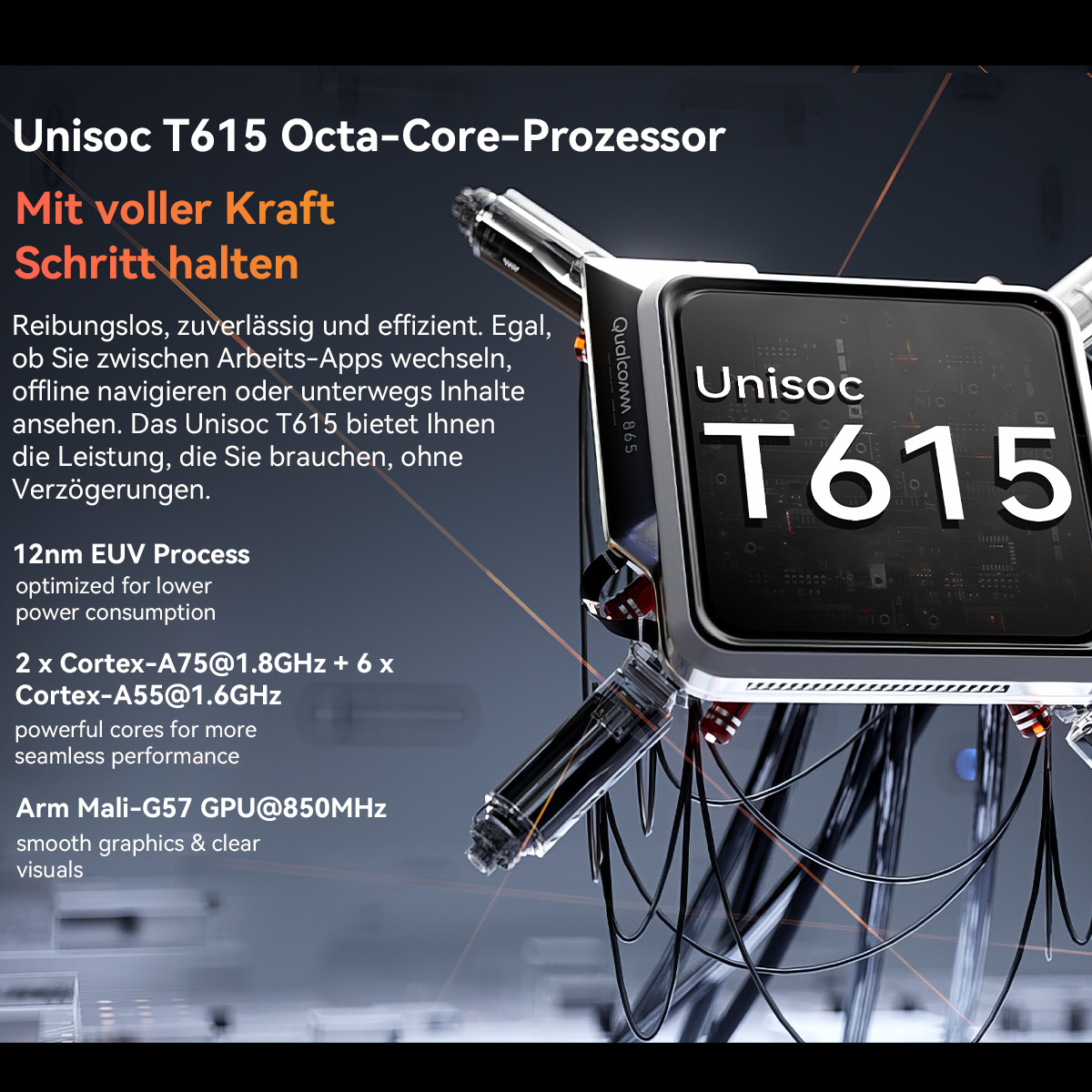 Das Bild zeigt den Unisoc T615-Prozessor mit Spezifikationen. Der Text beschreibt die Funktionen und Leistungsfähigkeit.