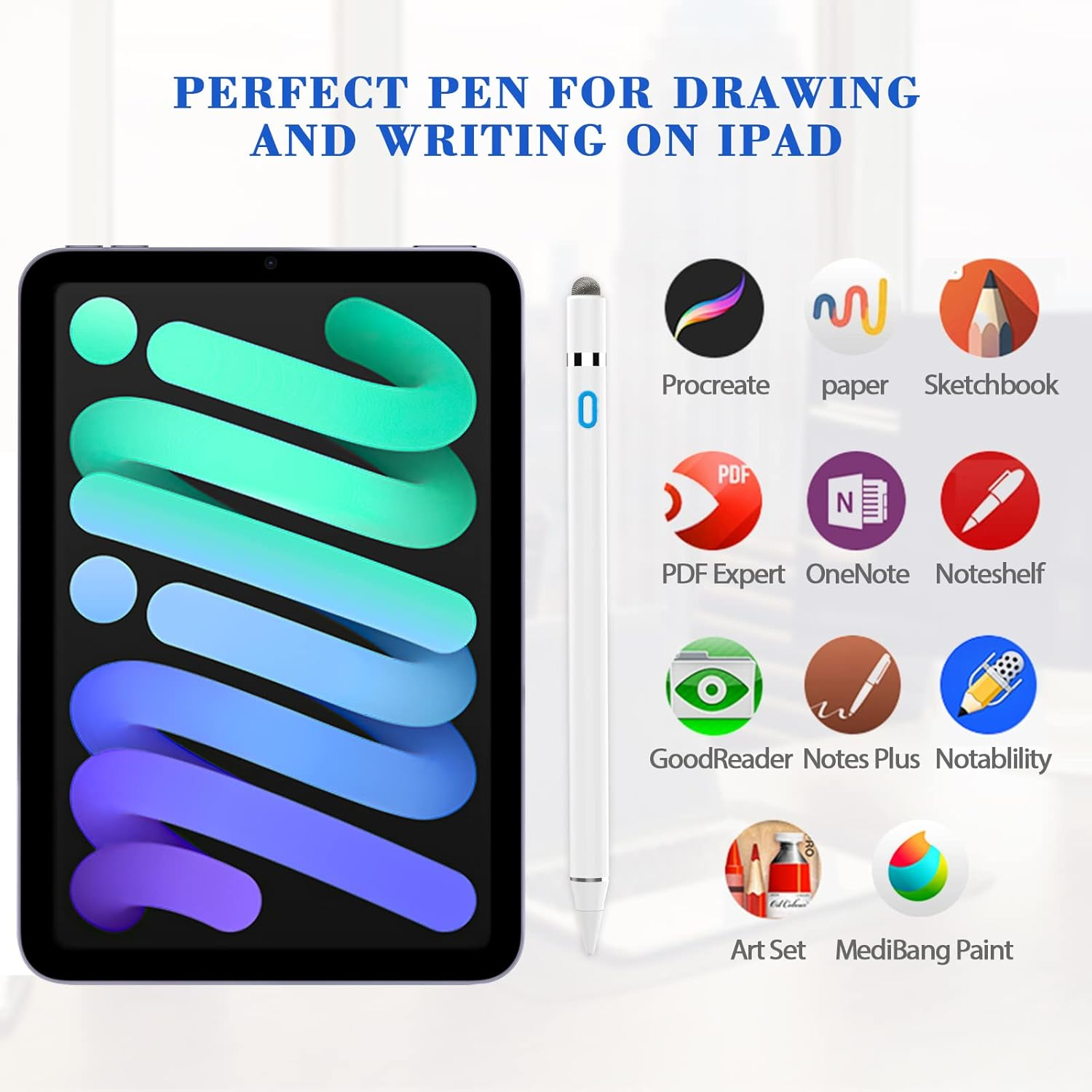 Ein iPad und ein Stift mit App-Symbolen zum Zeichnen. Text lautet: Perfekter Stift zum Zeichnen und Schreiben auf dem iPad.