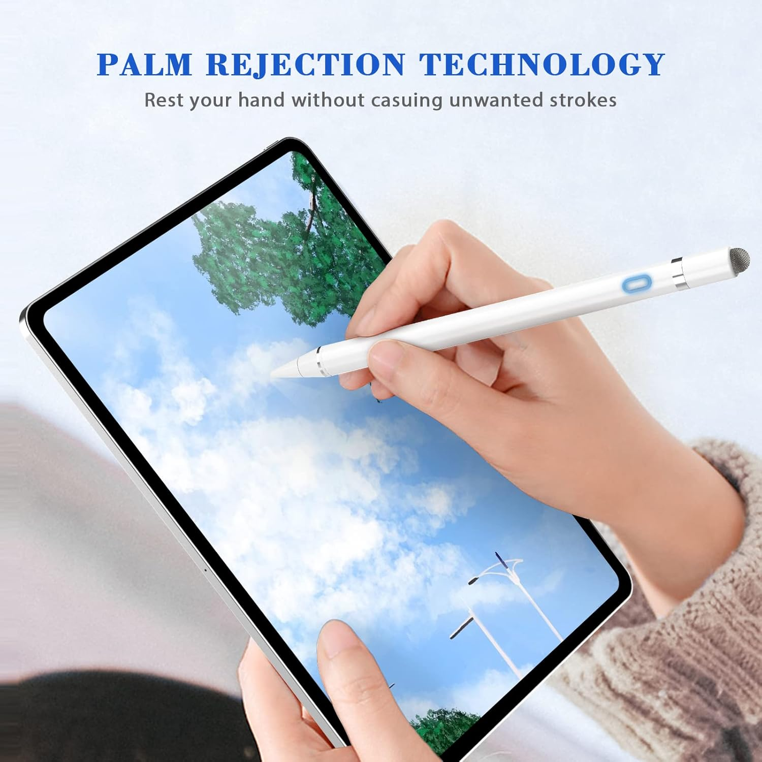 Eine Hand, die einen weißen Stift über einem Tablet hält, das eine Himmelsansicht zeigt. Der Text oben lautet Palm Rejection Technology.
