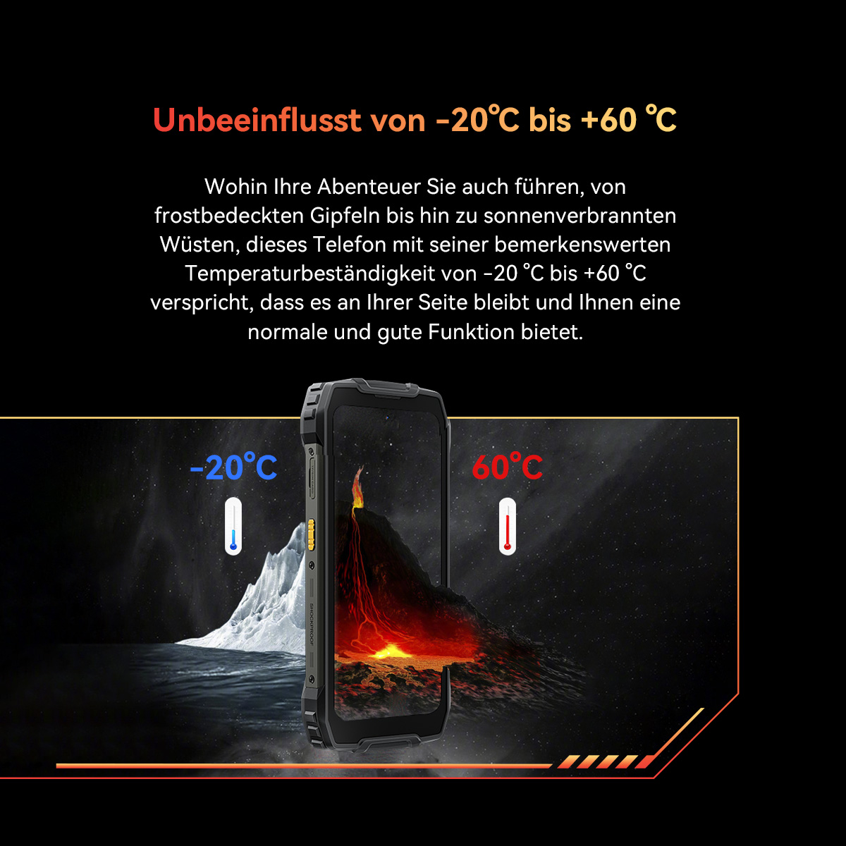 Ein robustes Smartphone zeigt eine Vulkanszene mit einem Temperaturbereich von -20 °C bis +60 °C. Im Hintergrund sind Berge und ein Sternenhimmel.