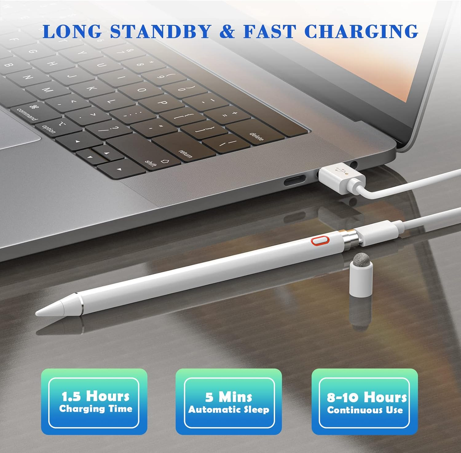 Ein weißer Stift ist über ein weißes Kabel mit einem Laptop verbunden. Text weist auf schnelles Laden und lange Standby-Zeiten hin.