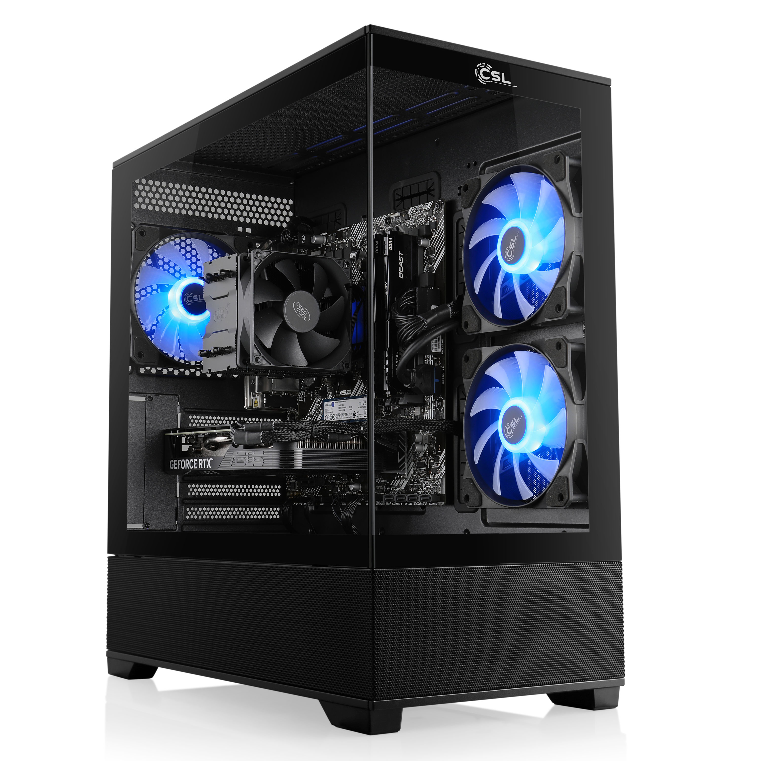 Ein schwarzes Computergehäuse mit blauen LED-Lüftern, das interne Komponenten wie eine GPU und ein Motherboard zeigt.