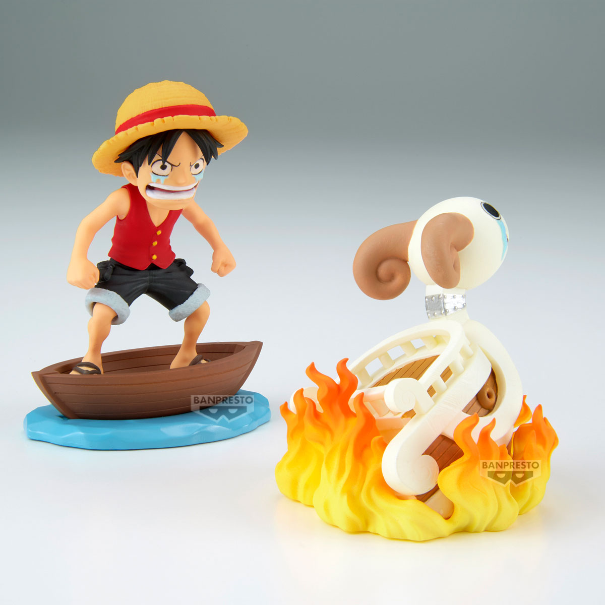 Due figure di anime. Una di un uomo su una barca e l'altra di una barca avvolta dalle fiamme con un personaggio che piange sopra.