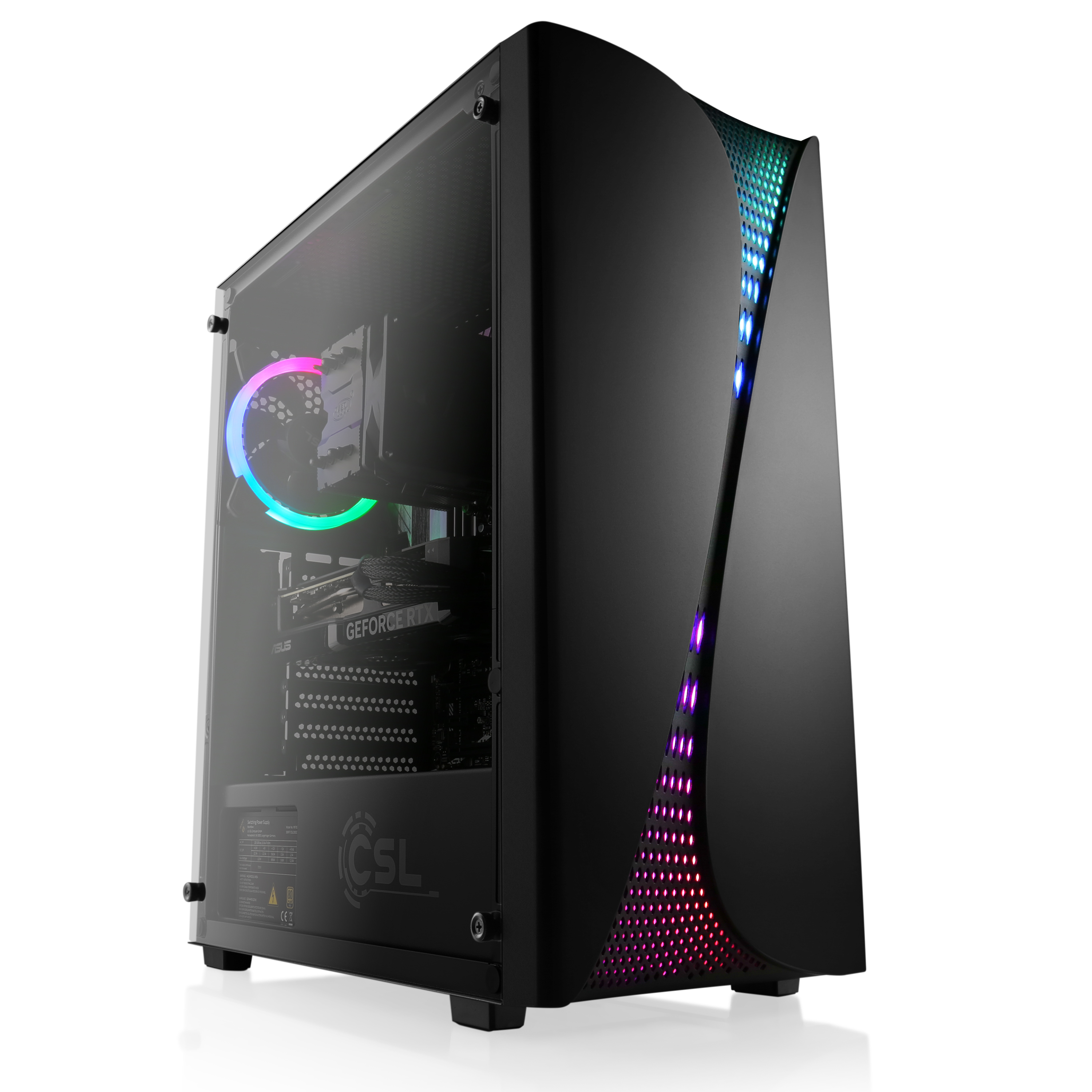 Schwarzer PC-Turm mit Glasseite, interne Komponenten sichtbar. RGB-Beleuchtung an Lüfter und Front. Weißer Hintergrund.