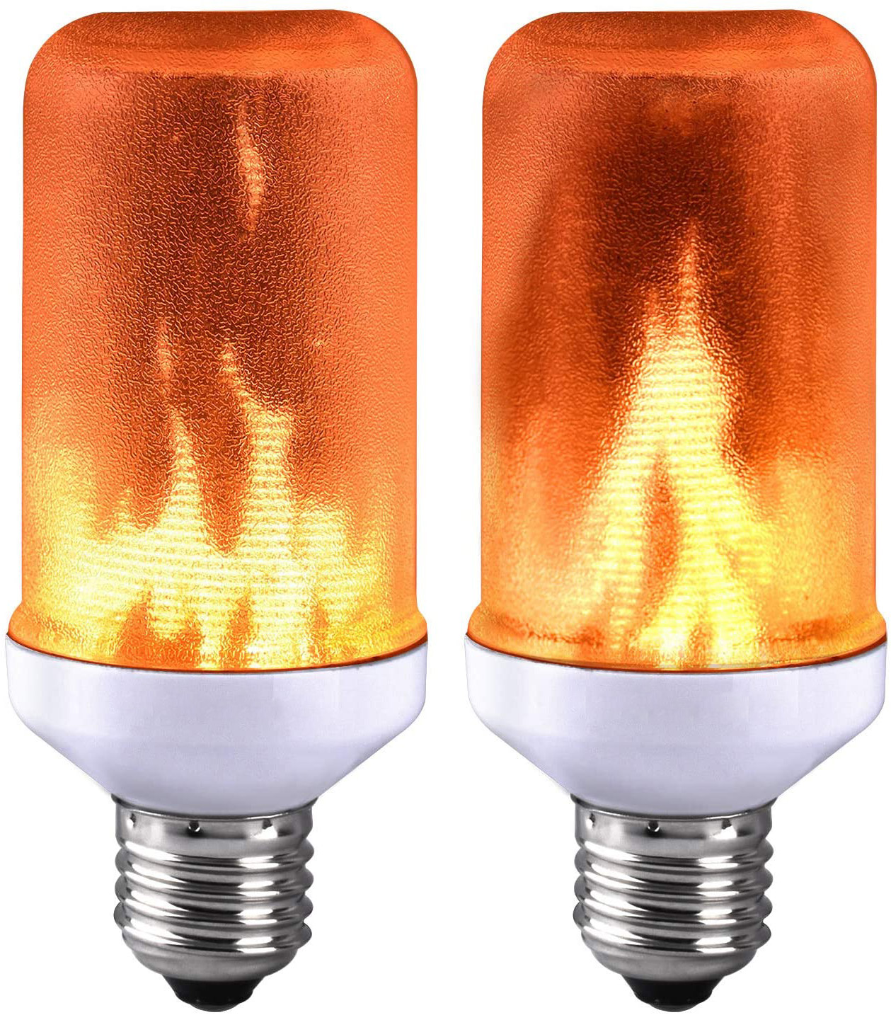 Zwei LED-Glühbirnen mit Flammeneffekt. Oranger Flammeneffekt in einem durchsichtigen orangefarbenen Zylinder. Weißer Sockel mit silbernem Schraubsockel.