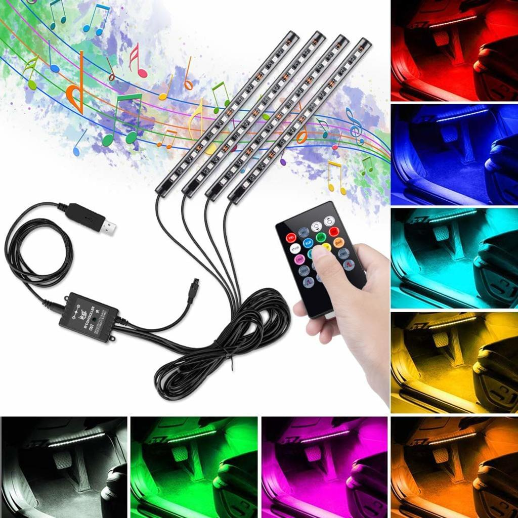 Auto-Innenraum-LED-Licht-Kit mit Fernbedienung. Enthält Lichtleisten, Controller und verschiedene Farboptionen für die Fahrzeugstimmung.