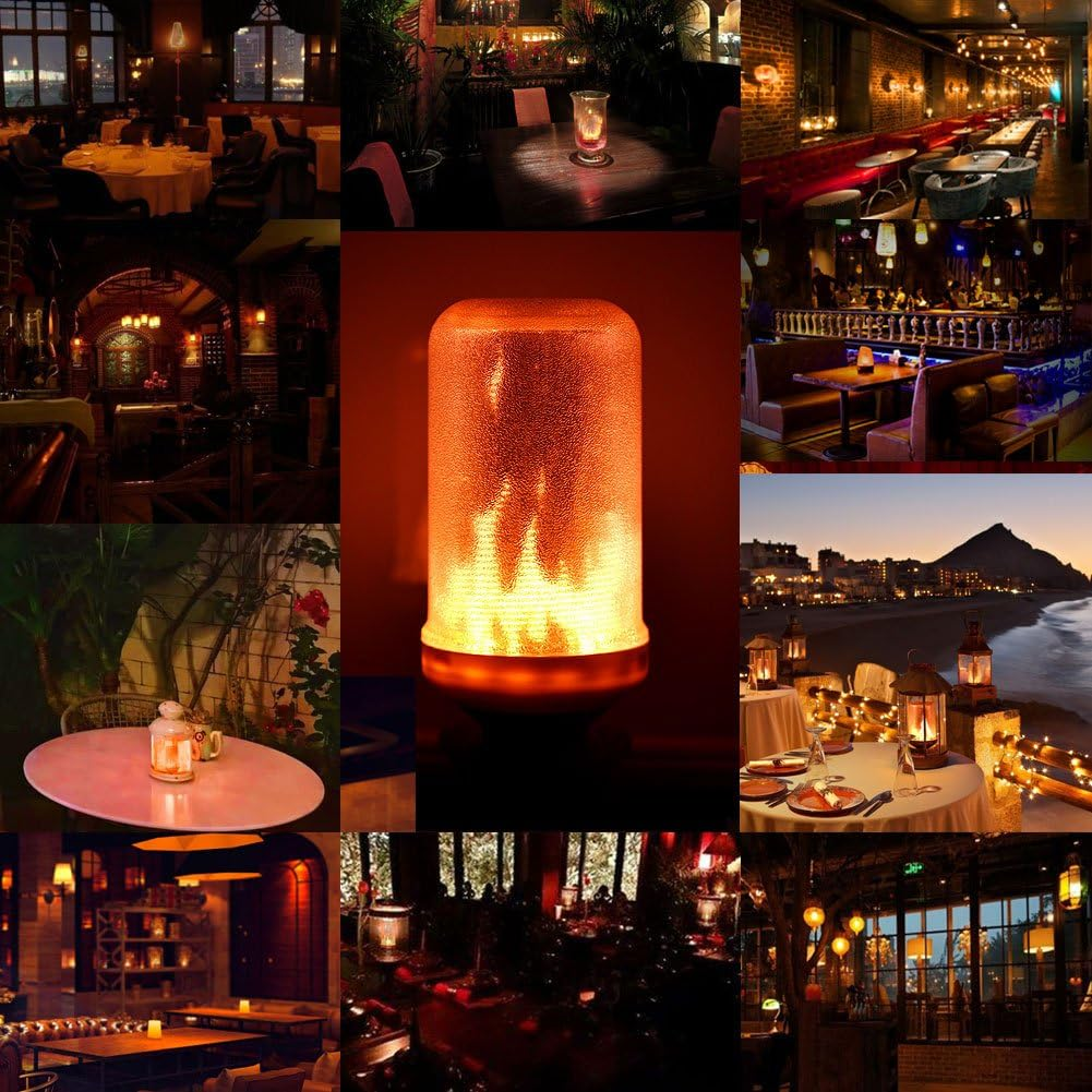 Eine Collage von Restaurantszenen. Enthält Tische, Kerzen und Lampen, die eine warme Atmosphäre schaffen. Einige Aufnahmen zeigen Stadtlichter.