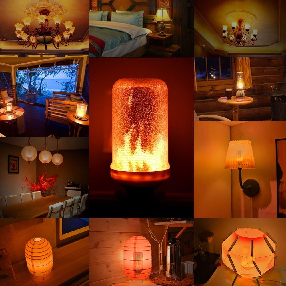 Eine Collage von Innenraumszenen, die von warmen, orangefarbenen Lichtern beleuchtet werden. Enthält Kronleuchter, Lampen und eine Flammen-Glühbirne.
