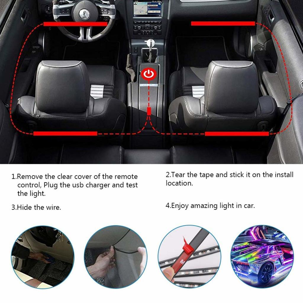 Autoinnenraum mit Sitzen und Armaturenbrett. Anweisungen zur Installation von LED-Leuchten: Abdeckung entfernen, Klebeband anbringen, Kabel verstecken und Licht genießen.